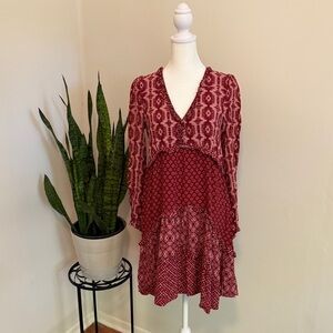 Anthropologie | Bohemian Tiered Burgundy Patterned Dress